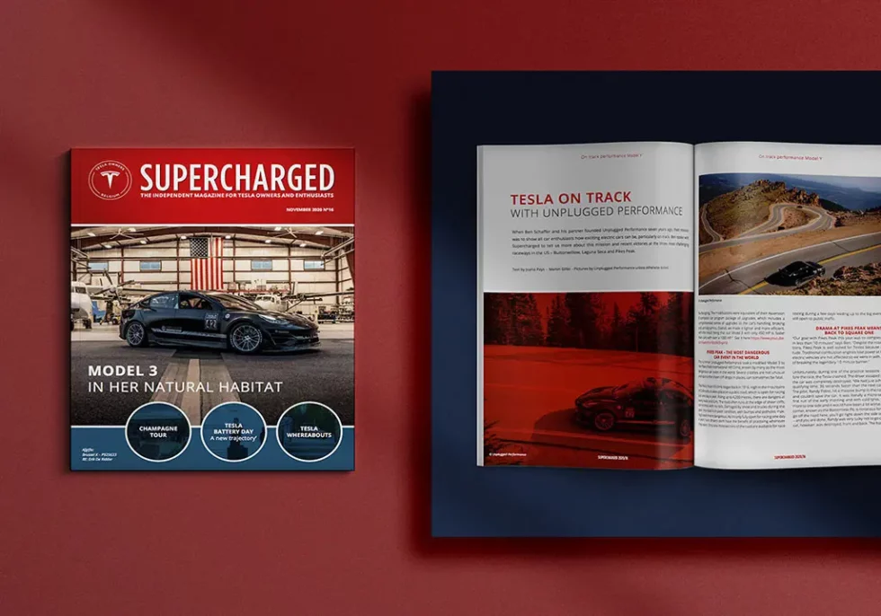 Couverture et pages intérieures du magazine du club Tesla Belgique.