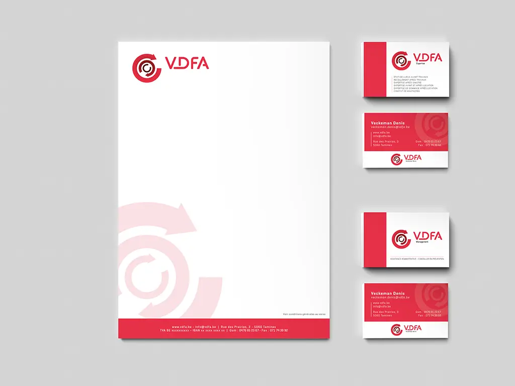 Papeterie d'entreprise de la société VDFA, spécialisé en communication visuelle, impression et production. En-tête et carte de visite.